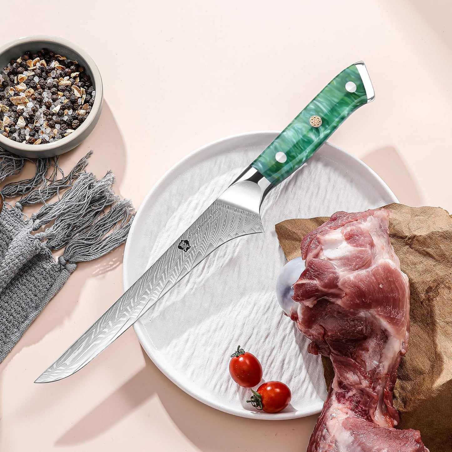 WILDMOK Damascus Boning Knife, 7 inch Super Sharp Fillet Knife, Japanese Damascus Steel, Full Tang Resin Handle, Includes Gift Box