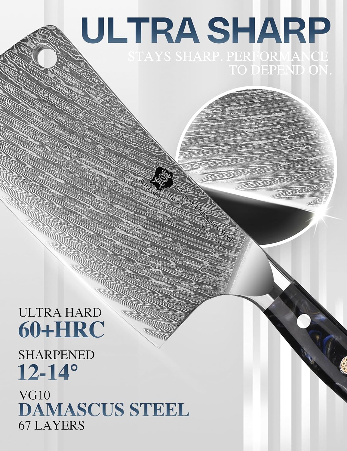 WILDMOK Meat Cleaver, 6.5 inch Heavy Duty Razor Sharp Kitchen Butcher Knife, Forged Damascus Steel, Resin Handle with gift box