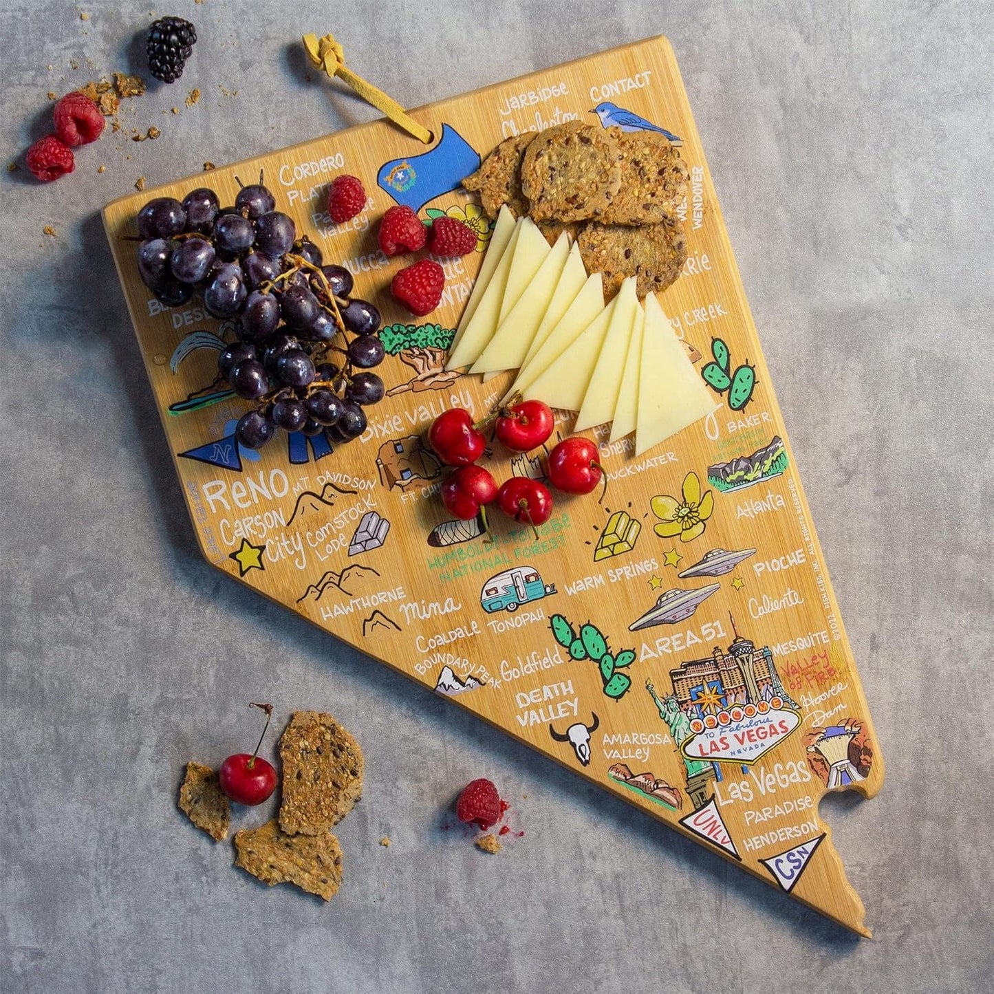 Totally Bamboo Tennessee State Shaped Cutting Board and Charcuterie Serving Platter with Artwork by Fish Kiss, Includes Hang Tie for Wall Display - Colors A