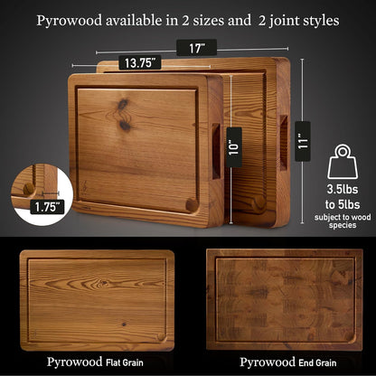 Cutting Board for Kitchen – Wood Cutting Board, Non Toxic Butcher Block, Cutting Boards with Juice Groove & Handles, Charcuterie Board – 11" x 17" x 1.75" (Pyrowood)