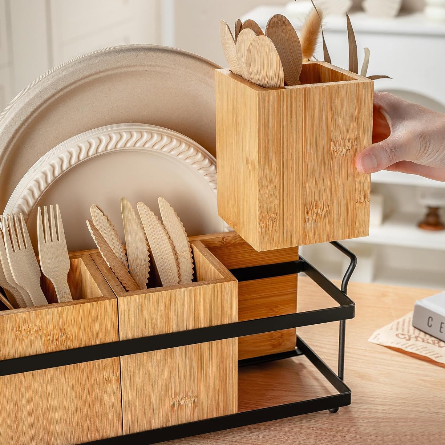 PTSTING Silverware Caddy Black Wood Silverware Holder Paper Plate Dispenser Utensil Caddy Cutlery Flatware Organizer Box for Spoons Forks Plates Napkins