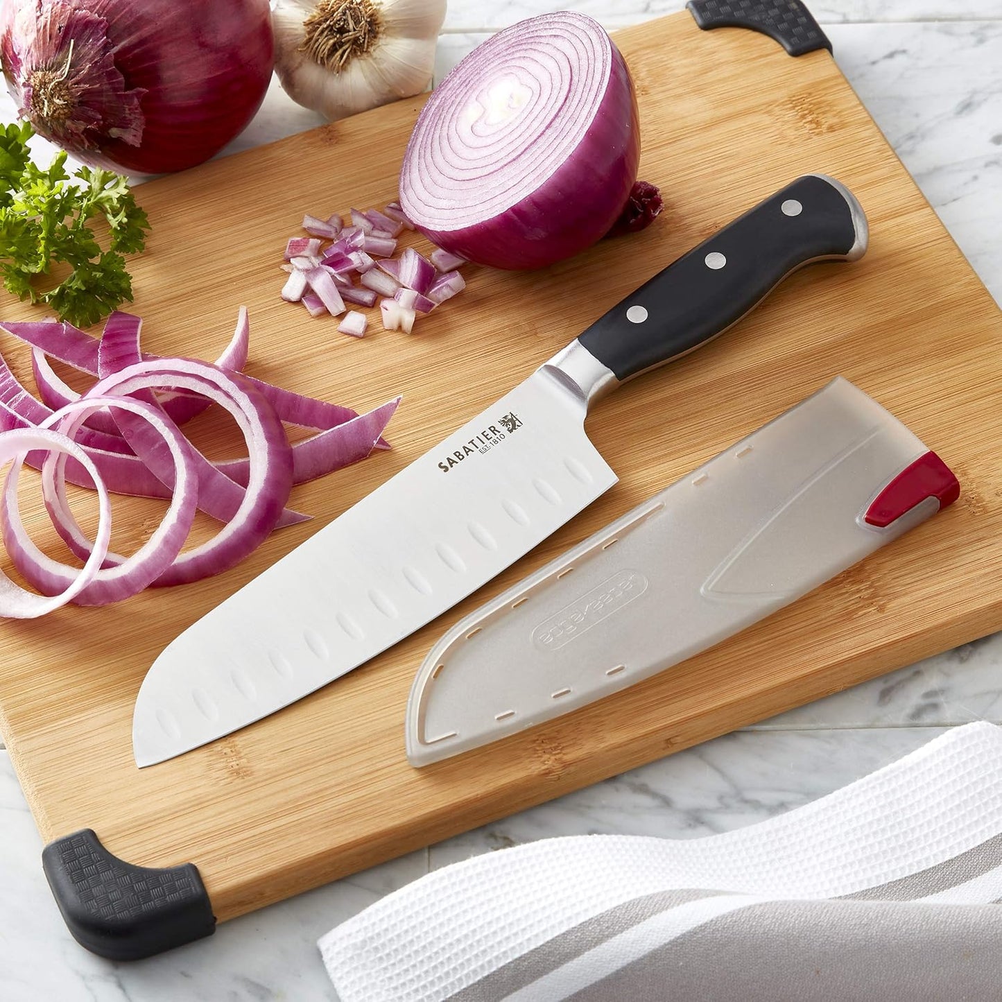 Sabatier Forged Stainless Steel Chef Knife with Edgekeeper Self-Sharpening Blade Cover, High-Carbon Stainless Steel Kitchen Knife, Razor-Sharp Knife to Cut Fruit, Vegetables and more, 8-Inch, Black