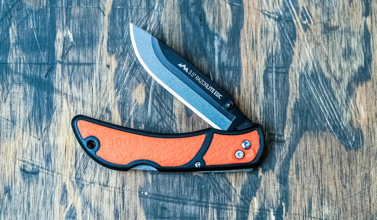 OUTDOOR EDGE 3.5" RazorLite EDC Knife. Pocket Knife with Replaceable Blades and Clip. The Perfect Hunting Blade for Skinning Deer. Blaze Orange with 6 Blades