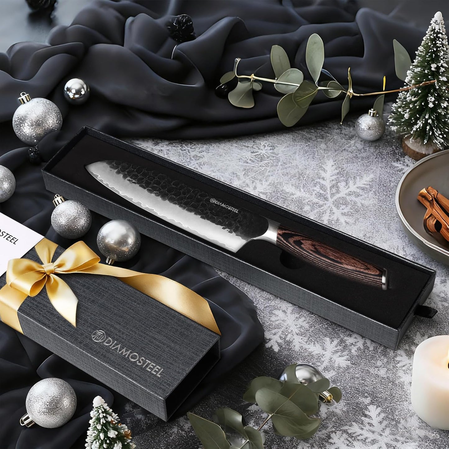 Santoku Knife - 7-Inch Professional Kitchen Knife - Hammered Black Oxide Blade Japanese 9CR18MOV High Carbon Stainless Steel Sharp Chef Knife - Ergonomic Pakkawood Handle with Present Box