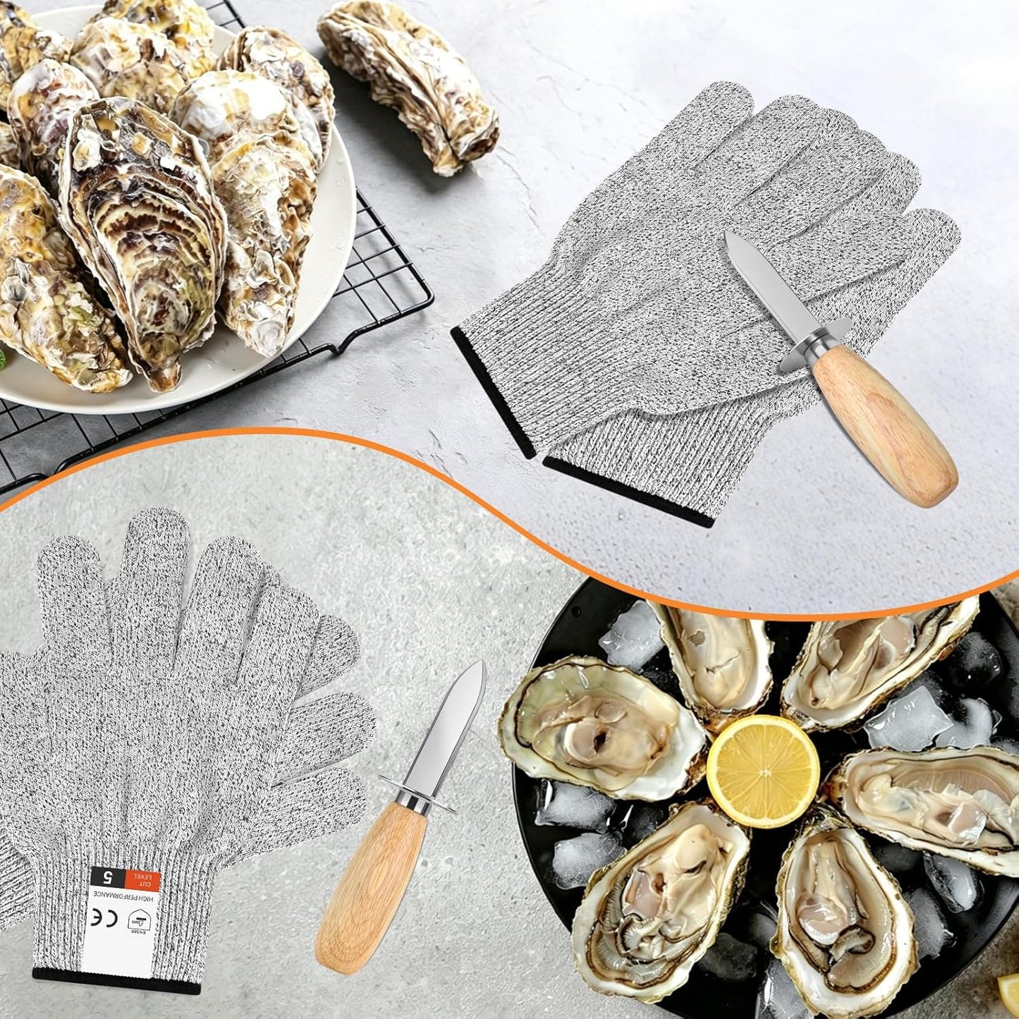 Oyster Shucking Knife Set, 2 Pack Stainless Steel Oyster Shucker Knife and 2 Pairs Level 5 Cut-Resistant Gloves, Seafood Shell Opener Kit for Oysters, Clams, Crabs,Seafood Boil Party Supplies