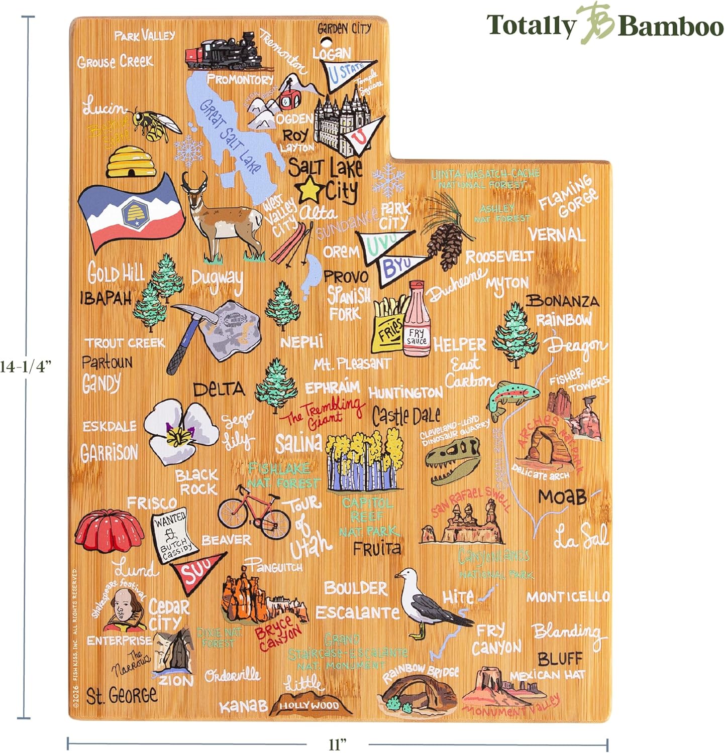 Totally Bamboo Tennessee State Shaped Cutting Board and Charcuterie Serving Platter with Artwork by Fish Kiss, Includes Hang Tie for Wall Display - Colors A