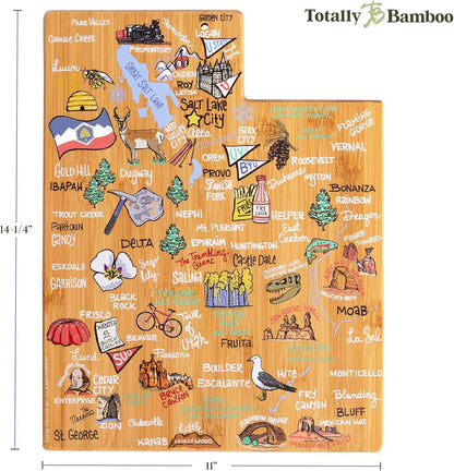 Totally Bamboo Tennessee State Shaped Cutting Board and Charcuterie Serving Platter with Artwork by Fish Kiss, Includes Hang Tie for Wall Display - Colors A