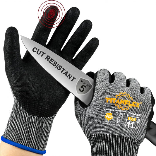 TitanFlex Cut Resistant Gloves ANSI A5, Work Gloves with Sandy Nitrile Grip,Black