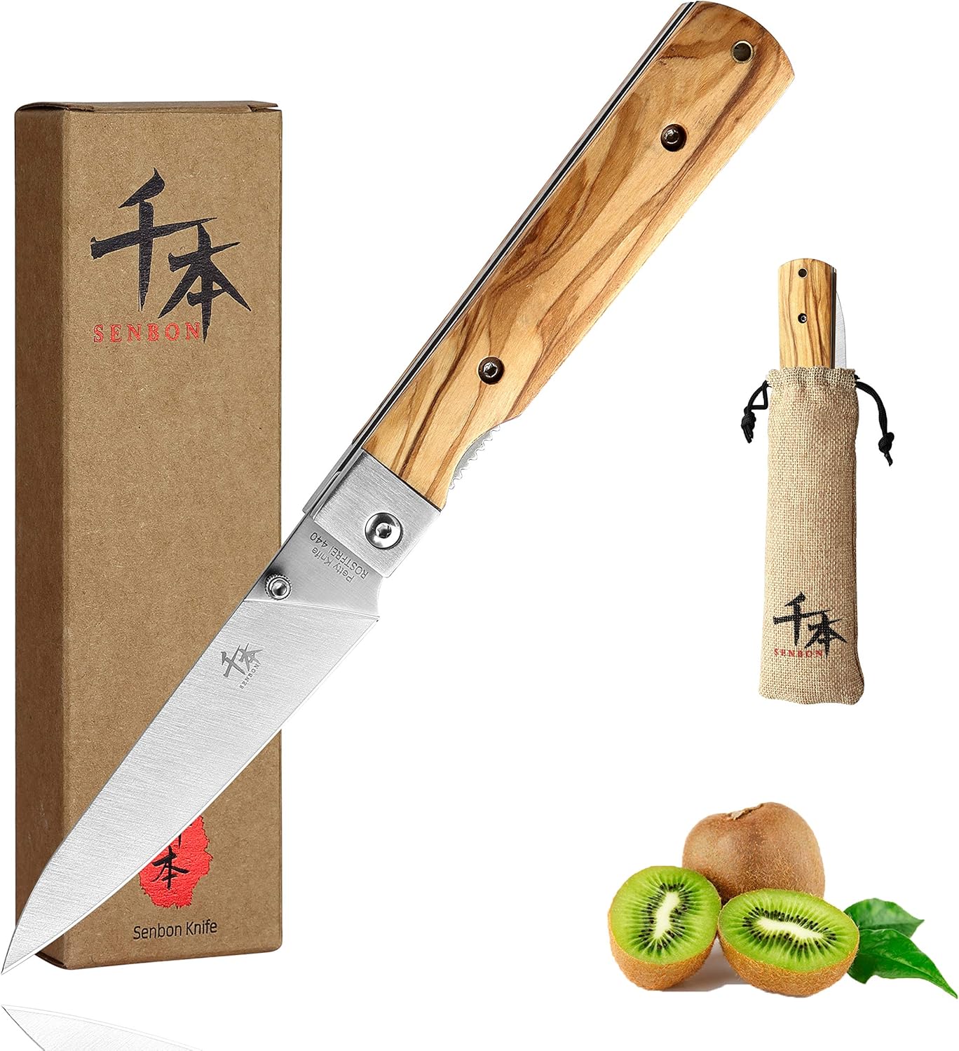 SENBON 440A stainless steel Gift wrapped 4 piece set sharp pocket folding Japanese chef knife universal peeling knife bread knife set portable kitchen knives with natural olive handle
