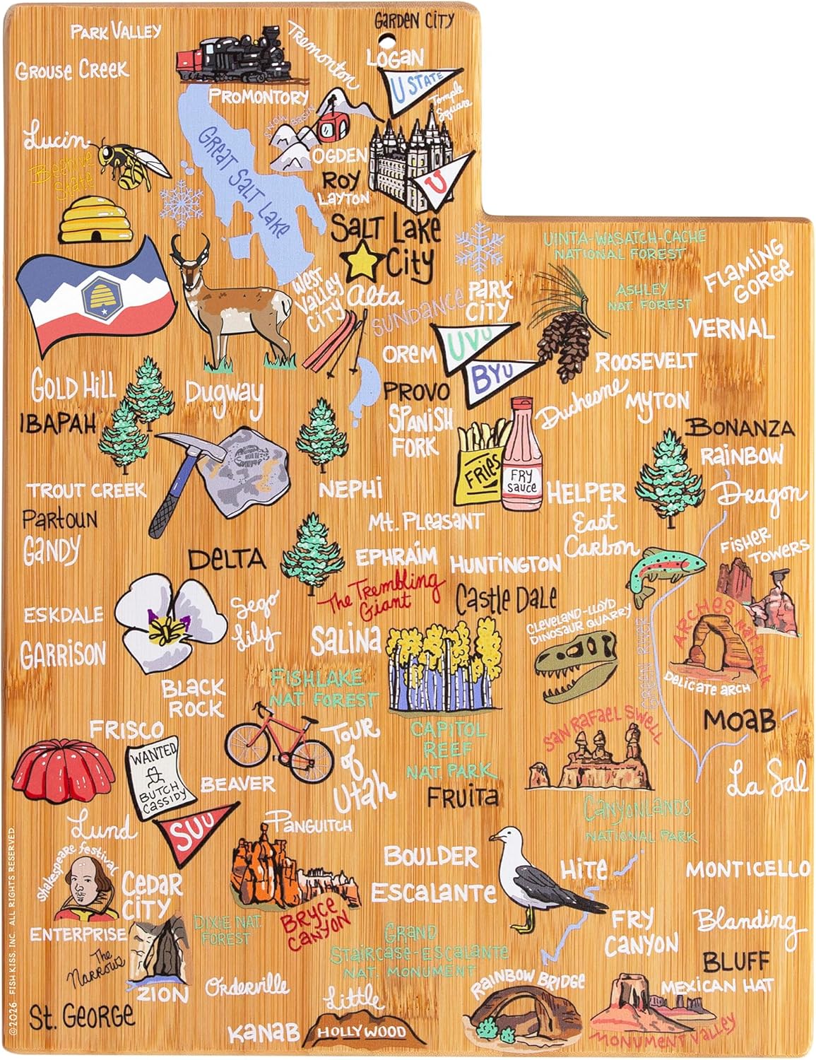 Totally Bamboo Tennessee State Shaped Cutting Board and Charcuterie Serving Platter with Artwork by Fish Kiss, Includes Hang Tie for Wall Display - Colors A
