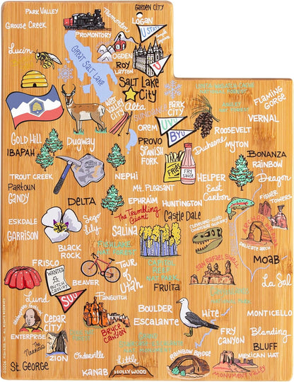Totally Bamboo Tennessee State Shaped Cutting Board and Charcuterie Serving Platter with Artwork by Fish Kiss, Includes Hang Tie for Wall Display - Colors A