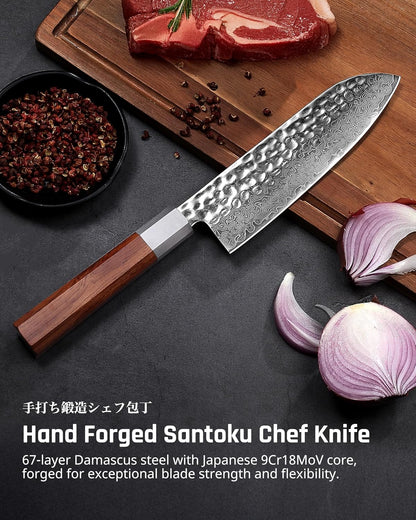 YOTSUBA 3PCS Japanese Damascus Chef Knife Set – Ultra Sharp Hand-Forged High Carbon Steel Blades with 100% Genuine Natural Hardwood Handles, Professional Kitchen Knives for Chopping Meat & Vegetables