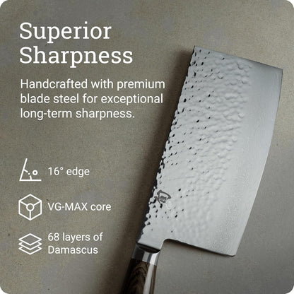 Shun Premier 7" Cleaver, Handcrafted Japanese Vegetable Knife, VG-MAX Core with Damascus Stainless Steel Cladding, Pakkawood Handle, Chinese Cleaver for Processing Large Vegetables