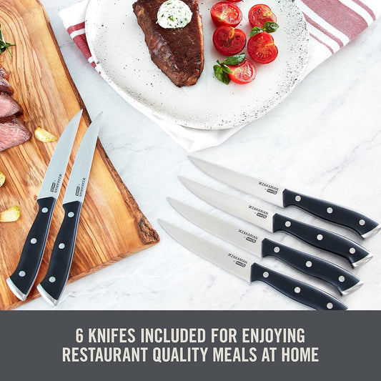 DASH Zakarian 6-Piece Steak Knife Set, Non-Serrated Full Tang German Steel Blade, Blue