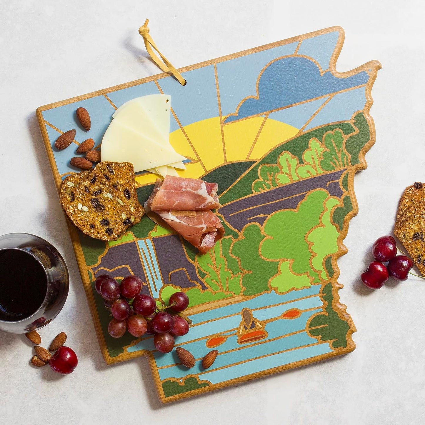 Totally Bamboo North Carolina State Shaped Cutting Board and Charcuterie Serving Platter with Artwork by Summer Stokes, Includes Hang Tie for Wall Display 18" x 8" x 5/8" - Colors A