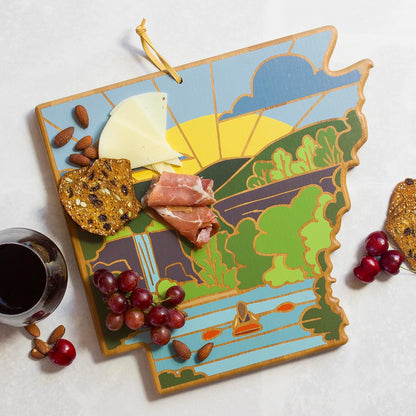 Totally Bamboo North Carolina State Shaped Cutting Board and Charcuterie Serving Platter with Artwork by Summer Stokes, Includes Hang Tie for Wall Display 18" x 8" x 5/8" - Colors A