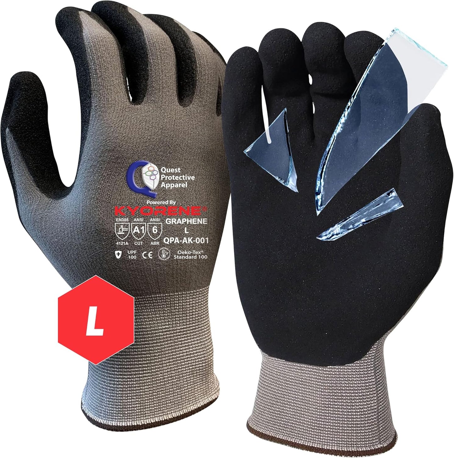 Quest Protective Apparel Cut Resistant Work Gloves (ANSI A1) – Lightweight Graphene Gloves for Gardening, DIY, Mechanical & General Handling – Breathable Grip Gloves for Men & Women – Large, Pack of 3