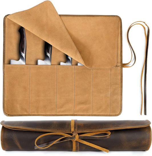 ELIZO Leather Knife Roll Bag Professional Chef Knife Case, Durable Knife Sheath Holder, Cooks & Culinary Tools Carrying Storage, Portable Knife Wrap - 4 Slots
