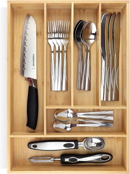 Pristine Bamboo Silverware Organizer - Small Extra-Deep Wooden Kitchen Drawer Organizer Divider for Spoons, Forks, Knives & Cutleries - 5 Slots