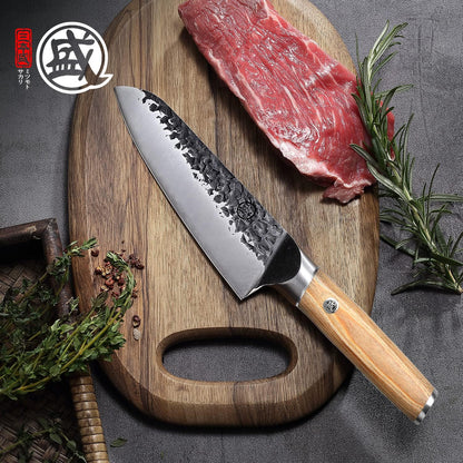 MITSUMOTO SAKARI Japanese Nakiri Knife 7 Inch, Hand Forged SKD-11 High Carbon Steel Vegetable Knife, Ultra-Sharp Thin Blade, Pakkawood Handle for Home & Pro