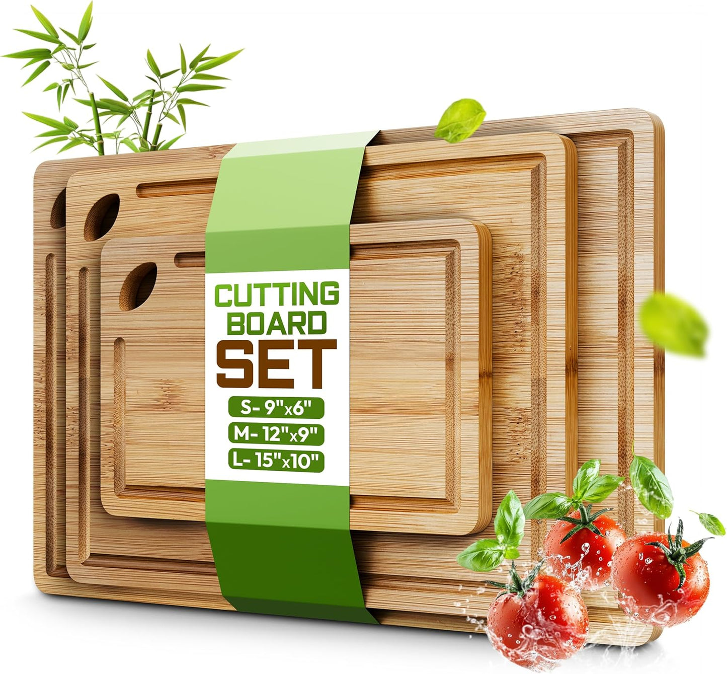Bamboo Cutting Board Set of 3 (15x10, 12x9, 9x6) – Extra-Thick, Deep Juice Groove Wood Cutting Boards – Knife-Friendly for Kitchen Prep, Carving & Charcuterie – Easy to Clean