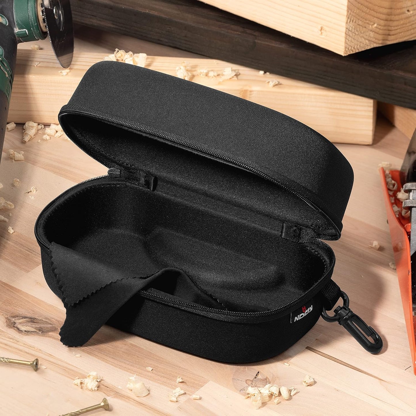 NoCry Water Resistant Safety Glasses Case with Clip - Heavy Duty Semi Hard Large Sunglasses Holder for Men and Women with Cleaning Cloth