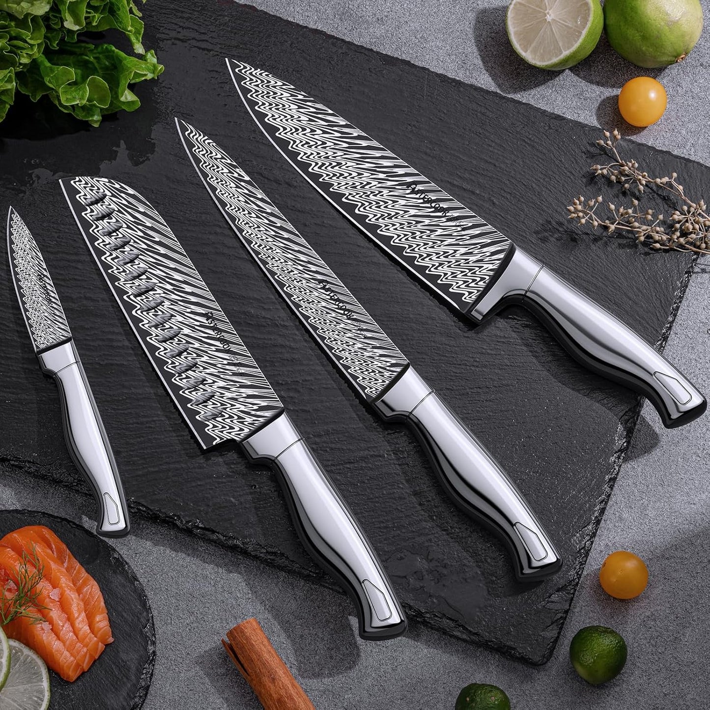 Knife Set, Astercook 21 Pieces Kitchen Knife Set with Built-in Sharpener, German Stainless Steel Knife Block Set, Razor-Sharp Knives with Full-tang Handle, Dishwasher Safe, Silver