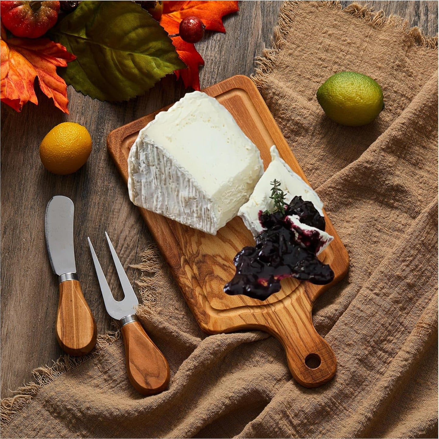 1 Set Bridal Baby Shower Cheese Prizes Wooden Square Board Gift Set Knives Forks Thank You Tags with Box for Guests for Valentines Bridal Baby Shower Housewarming Gifts (Bamboo Color)