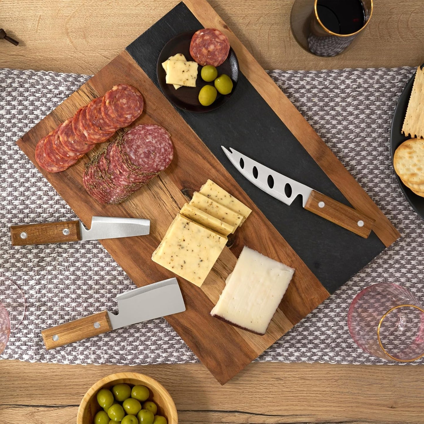 Twine Rustic Cheese Knife Set - Stainless Steel Knife Set - Charcuterie Tools Cheese Board Accessories - Stainless Steel and Wood, Set of 3