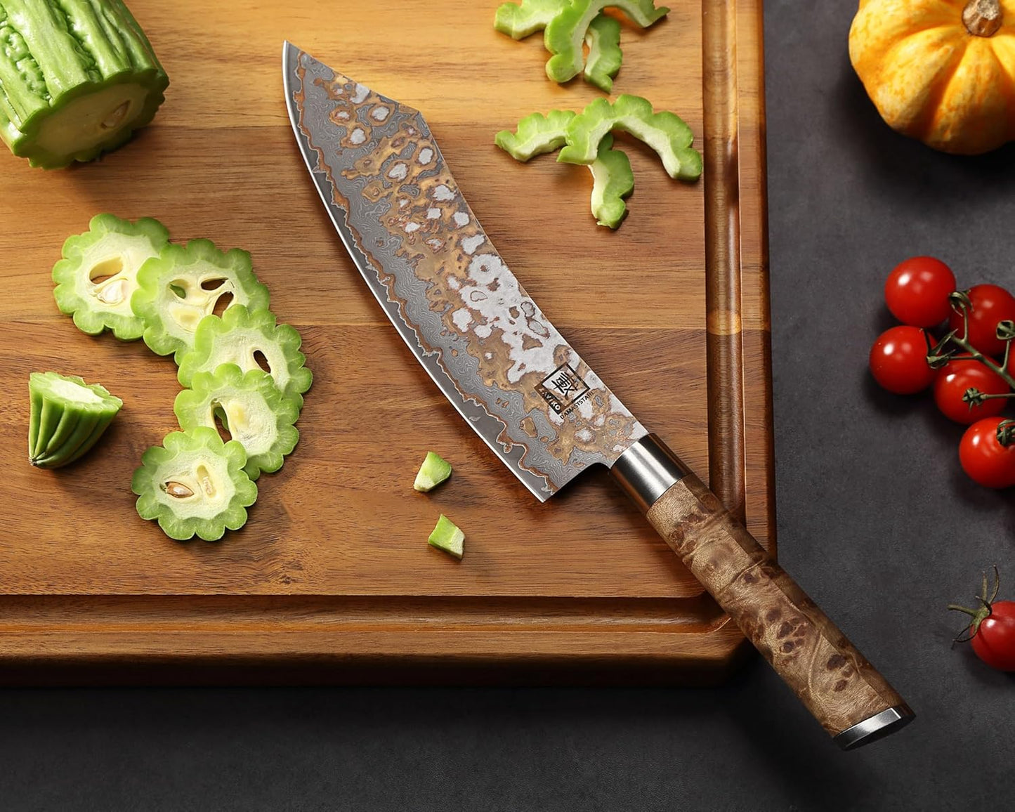 zayiko MysticMagma Nakiri Damascus Knife, 17 cm Blade made of 67 Layers of Damascus Steel with copper and bronze Inlay, DualCurve Handle made of maple root Wood, wooden Box