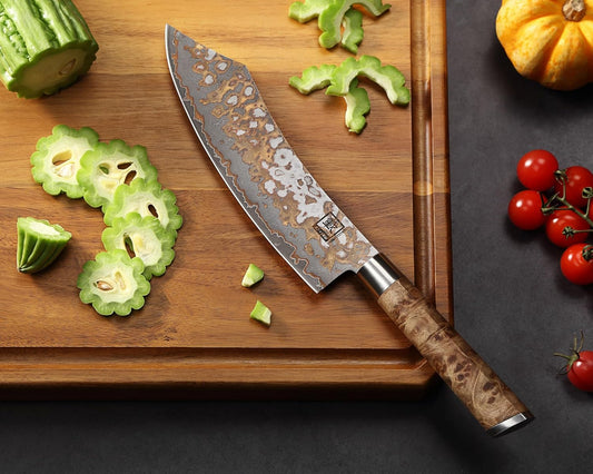 zayiko MysticMagma Nakiri Damascus Knife, 17 cm Blade made of 67 Layers of Damascus Steel with copper and bronze Inlay, DualCurve Handle made of maple root Wood, wooden Box