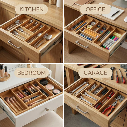 Bamboo Drawer Organizer - Expandable Kitchen Utensil Holder, Adjustable Silverware Drawer Organization, Kitchen Wooden Tray for Cutlery, Flatware & Stationery, 5-7 Slots (Natural)
