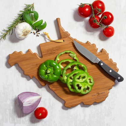Totally Bamboo North Carolina State Shaped Cutting Board and Charcuterie Serving Platter with Artwork by Summer Stokes, Includes Hang Tie for Wall Display 18" x 8" x 5/8" - Colors A