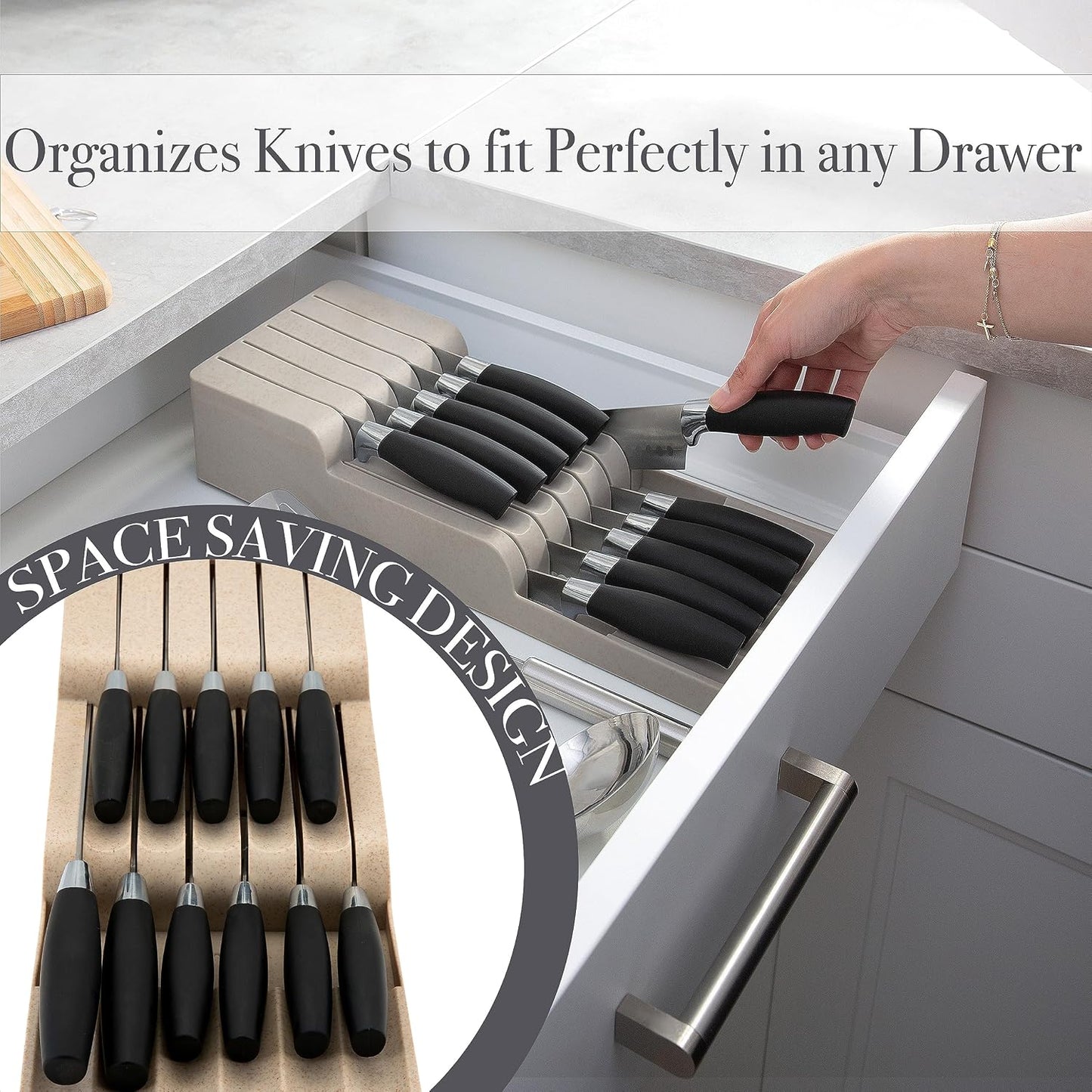 Kitchen Details 2 Tier Knife Drawer Organizer | Holds 11 Knives | Utensil Holder | Knife Block | Storage & Organization | Space Saver | Natural