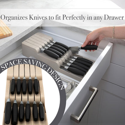 Kitchen Details 2 Tier Knife Drawer Organizer | Holds 11 Knives | Utensil Holder | Knife Block | Storage & Organization | Space Saver | Natural