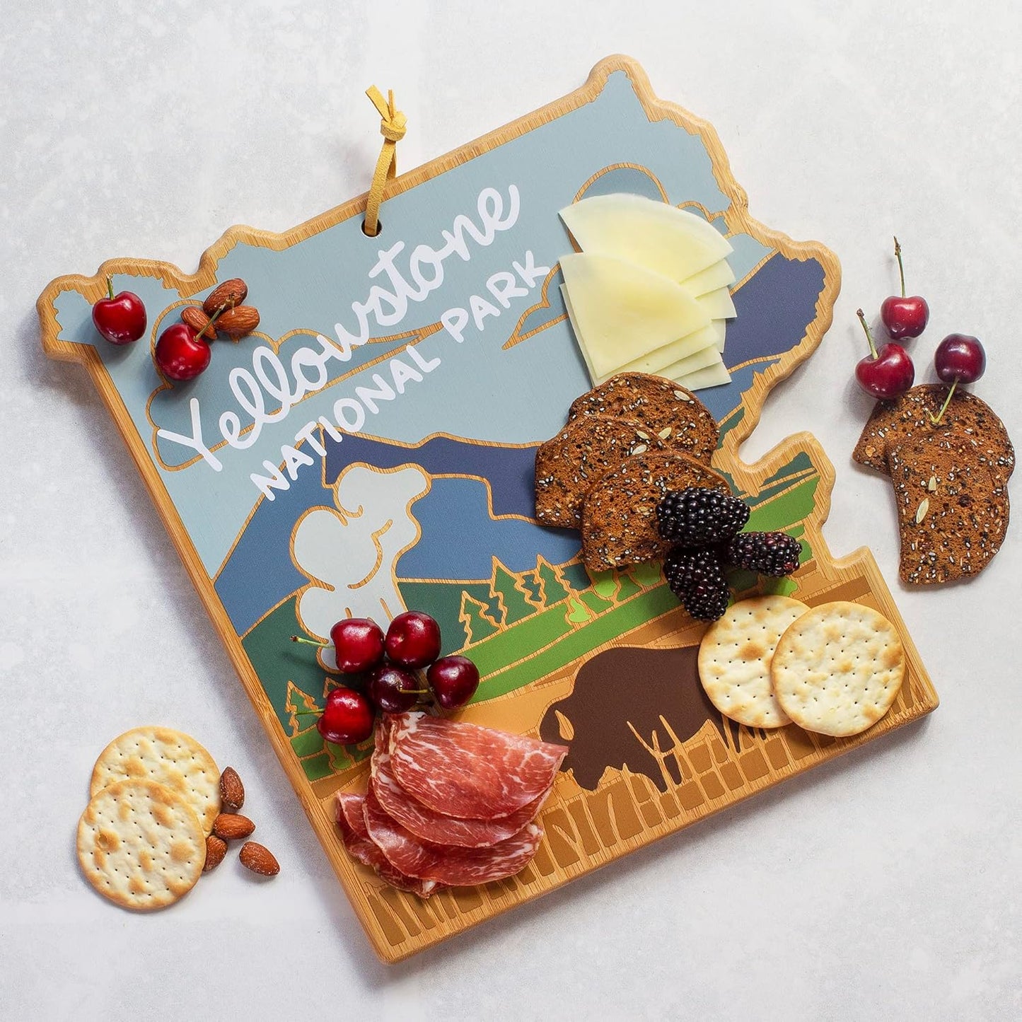 Totally Bamboo North Carolina State Shaped Cutting Board and Charcuterie Serving Platter with Artwork by Summer Stokes, Includes Hang Tie for Wall Display 18" x 8" x 5/8" - Colors B