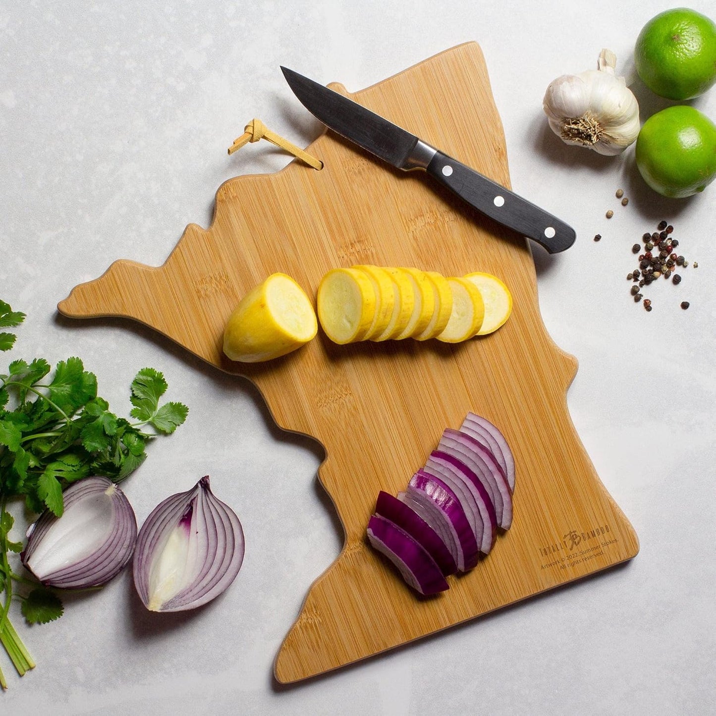 Totally Bamboo North Carolina State Shaped Cutting Board and Charcuterie Serving Platter with Artwork by Summer Stokes, Includes Hang Tie for Wall Display 18" x 8" x 5/8" - Colors B