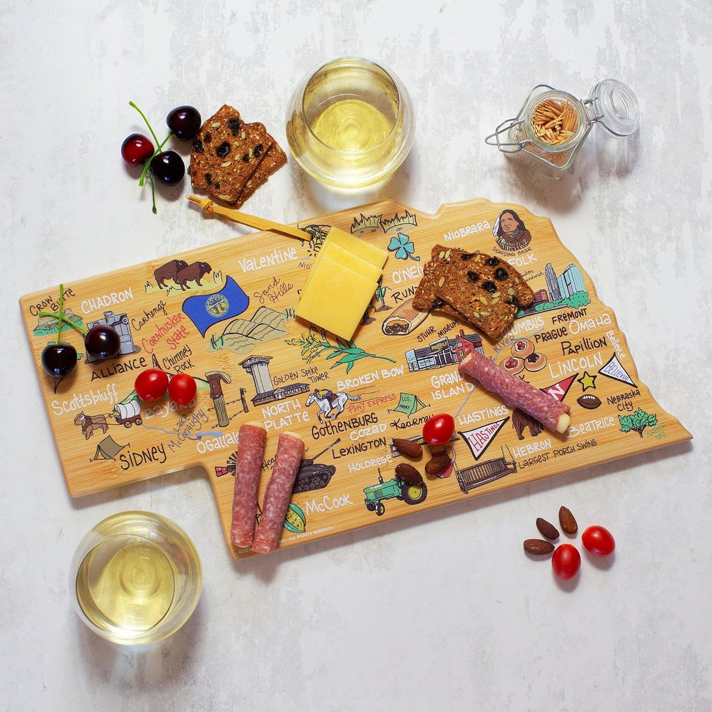 Totally Bamboo Tennessee State Shaped Cutting Board and Charcuterie Serving Platter with Artwork by Fish Kiss, Includes Hang Tie for Wall Display - Colors B