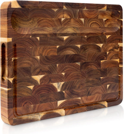 Evergreen End Grain Acacia Wood Cutting Board for Kitchen | Large 16x12.4x1.5" Butcher Block with Juice Groove & Non-Slip Feet | 2in1 Charcuterie Board, Non-Toxic, Gift Box
