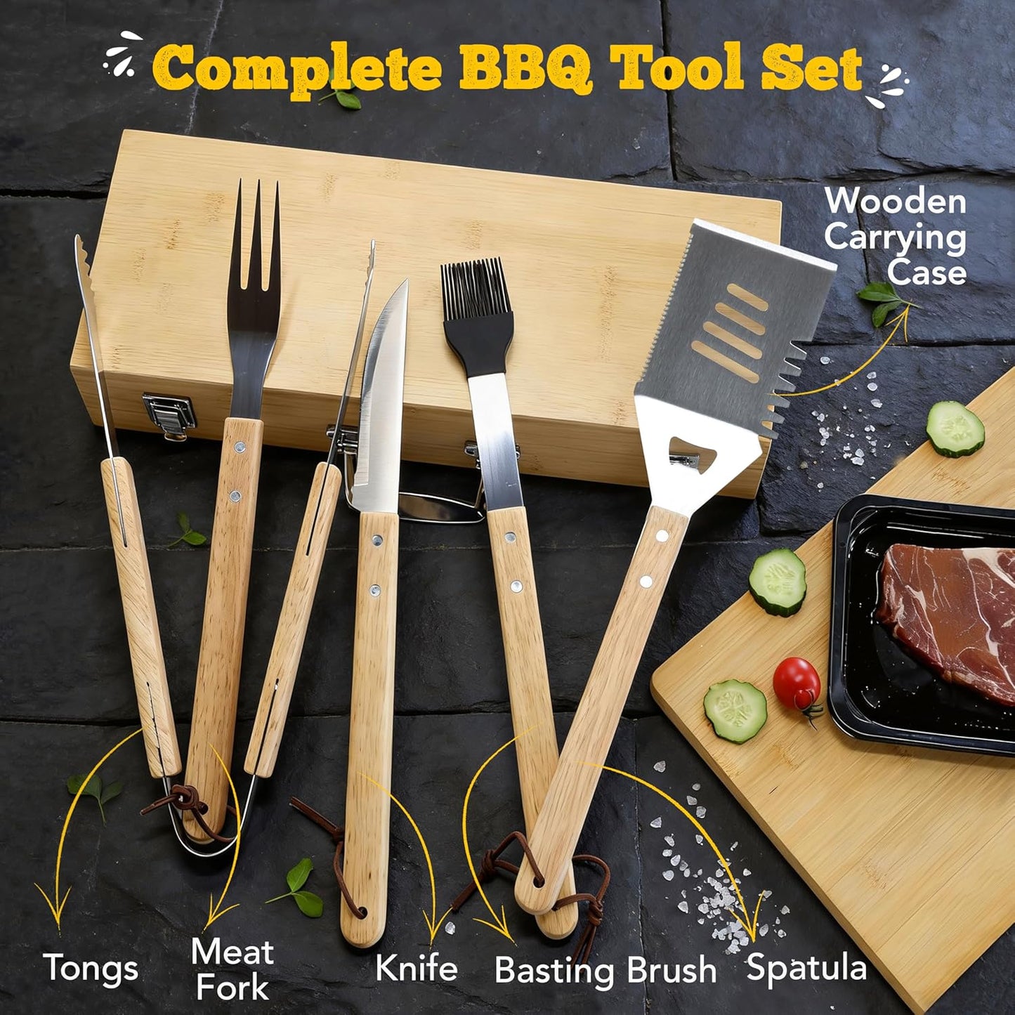 Custom Engraved Monogram Name Year BBQ Accessories Grill Tools Set with Wooden Storage Case 5 Piece Kit with Stainless Steel Tongs, Spatula, Fork, Basting Brush, & Knife Gift for Men (SS)