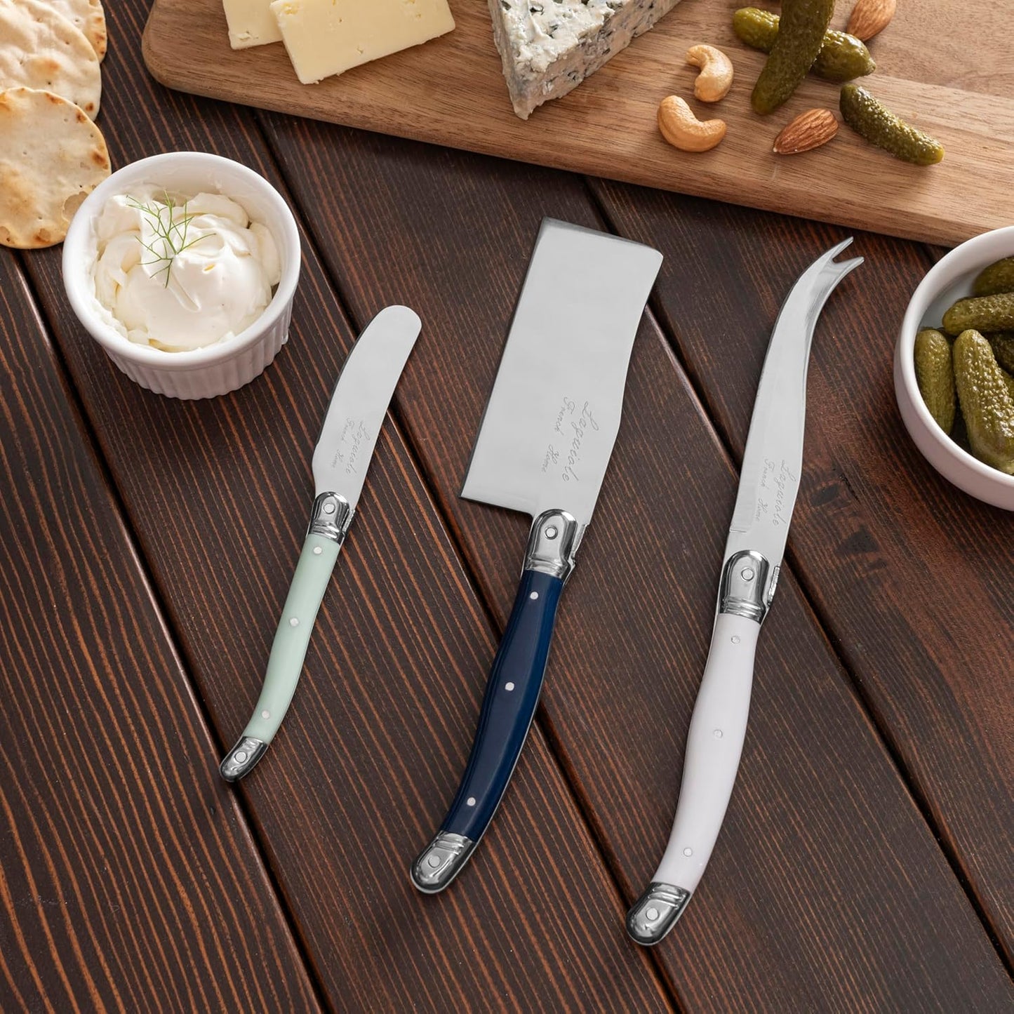 Laguiole Cheese Knife Set of 3 – Charcuterie Accessories w/Faux Ivory Handles – Includes 6.25" Cheese Spreader, 9.25" Spear & 8.5" Cleaver Knife