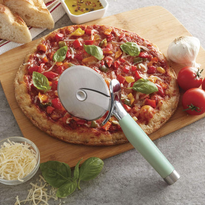 KitchenAid Gourmet Stainless Steel Pizza Wheel with Sharp Blade to Easily Cutting Pizza Crusts, Pies, and more, Finger Guard for Safety and Comfort Grip to Protect Fingers, Dishwasher Safe, Black