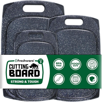 Freshware Plastic Cutting Boards for Kitchen, Cutting Board Set of 3, Juice Grooves with Easy Grip Handle, BPA-Free, Dishwasher Safe, Black Marble