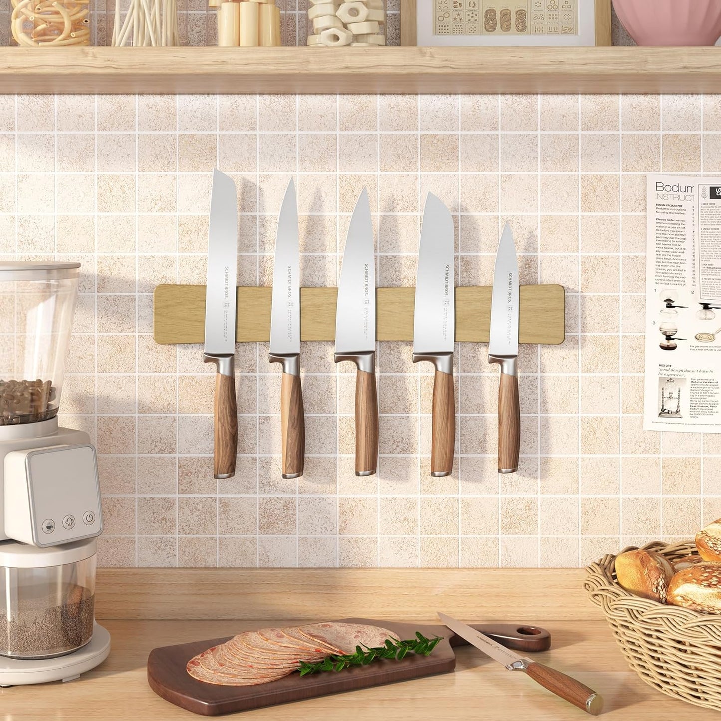 Magnetic Knife Holder for Wall, 16" Acacia Wood No Drill Knife Magnet Strip Use as Tool Key Storage Knife Bar, Powerful Wall Mounted Magnetic Knife Rack for Refrigerator & Kitchen Utensil Organizer