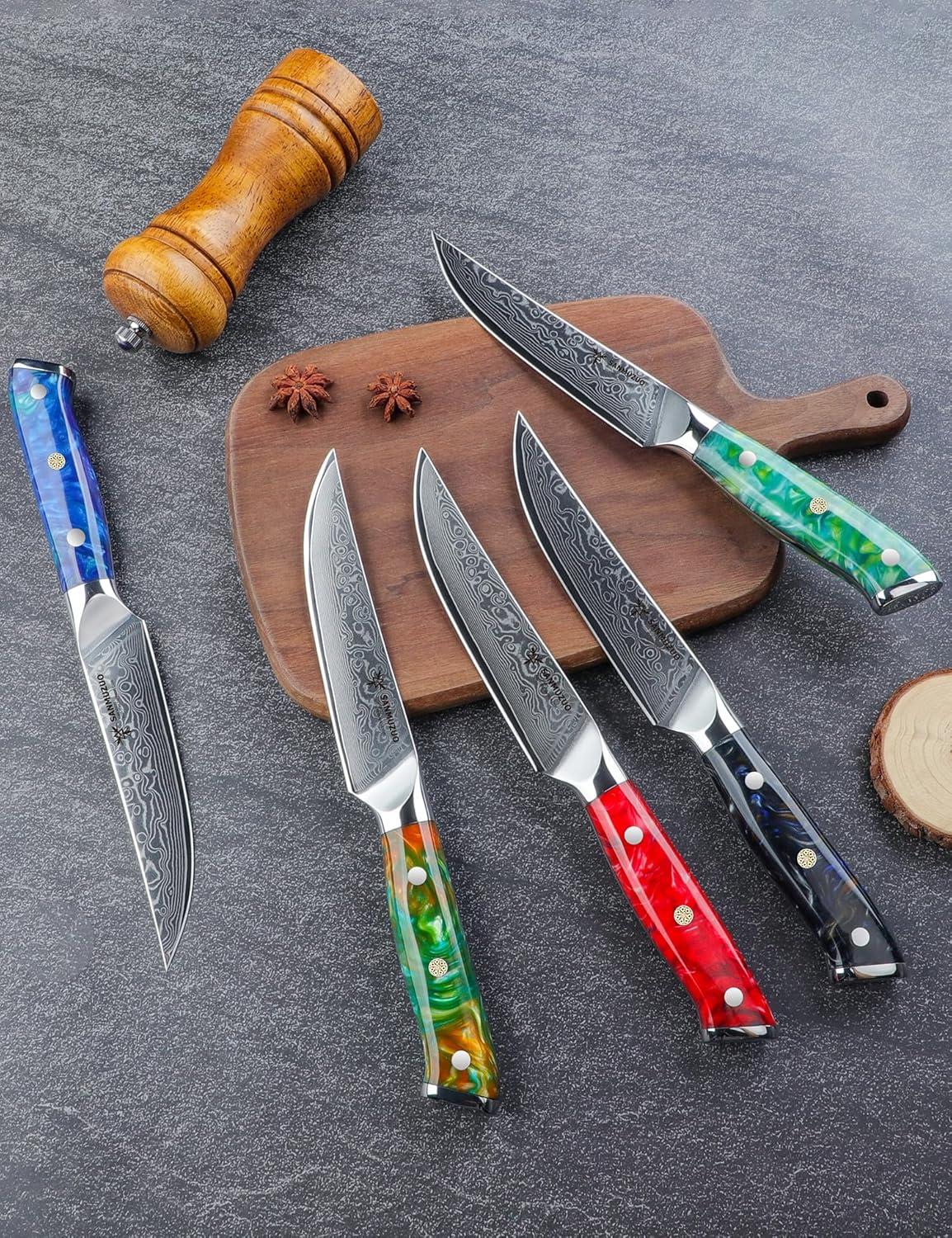 Steak Knives Set of 4, Ultra Sharp Non Serrated Kitchen Steak Knife 5 Inch - Damascus Steel & Resin Handle - Xuan Series (Sapphire Blue)