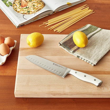 HENCKELS Forged Accent Razor-Sharp Hollow Edge Santoku Knife 7 Inch, White Handle, German Engineered Informed by 100+ Years of Mastery