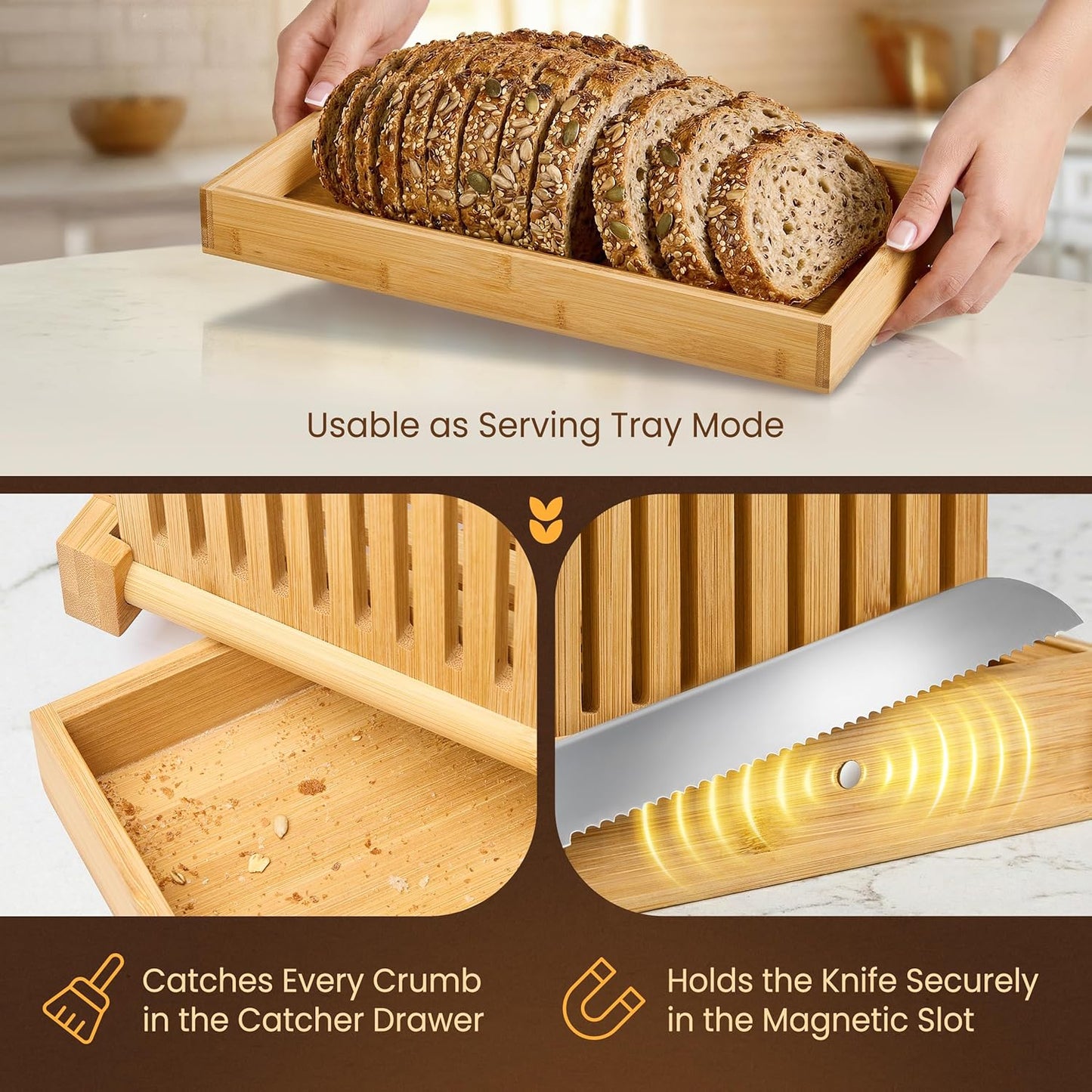 Bread Slicer Guide for Homemade Bread 3-In-1 Set: Sourdough Rounds Slicer, Baguette Cutter & Sandwich Sealer | Bread Loaf Slicing, Adjustable Bamboo Bread Cutter With Knife & Magnetic Slot