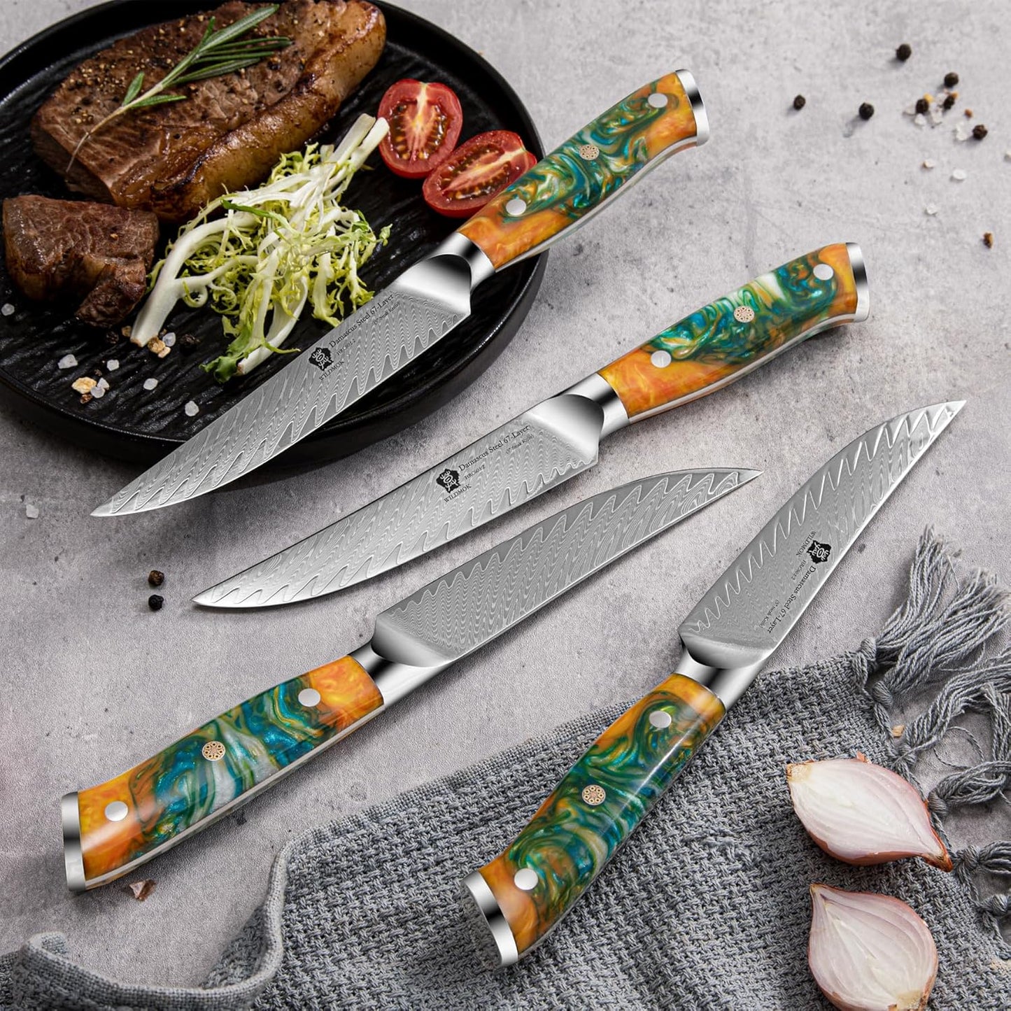 WILDMOK Steak Knife Set 4pc Full Tang 5 inch Forged Damascus Steel Dinner Knives Full Tang Ergonomic Beautiful Resin Handle