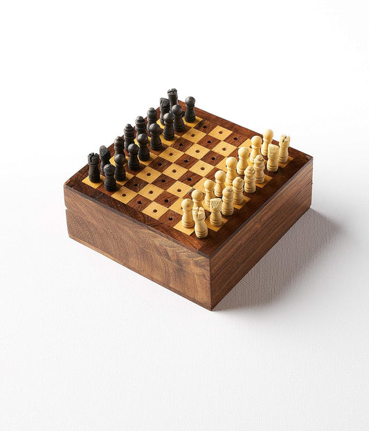 Matr Boomie, Small Mini Portable, Travel-Sized Hand Carved Solid Indian Rosewood, Wooden Peg Chess Board Game Set W/ Openable Storage for Pieces, for Adults
