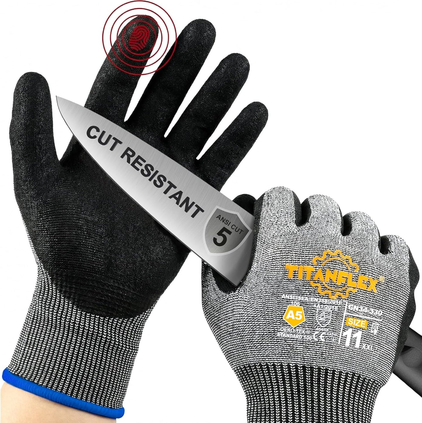 TitanFlex Cut Resistant Gloves ANSI A5, Work Gloves with Sandy Nitrile Grip,Grey